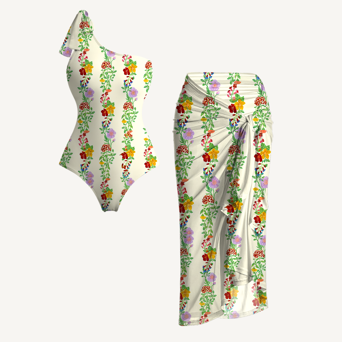 Blossom Trail One Shoulder One Piece Swimsuit and Matching Sarong Set for Women