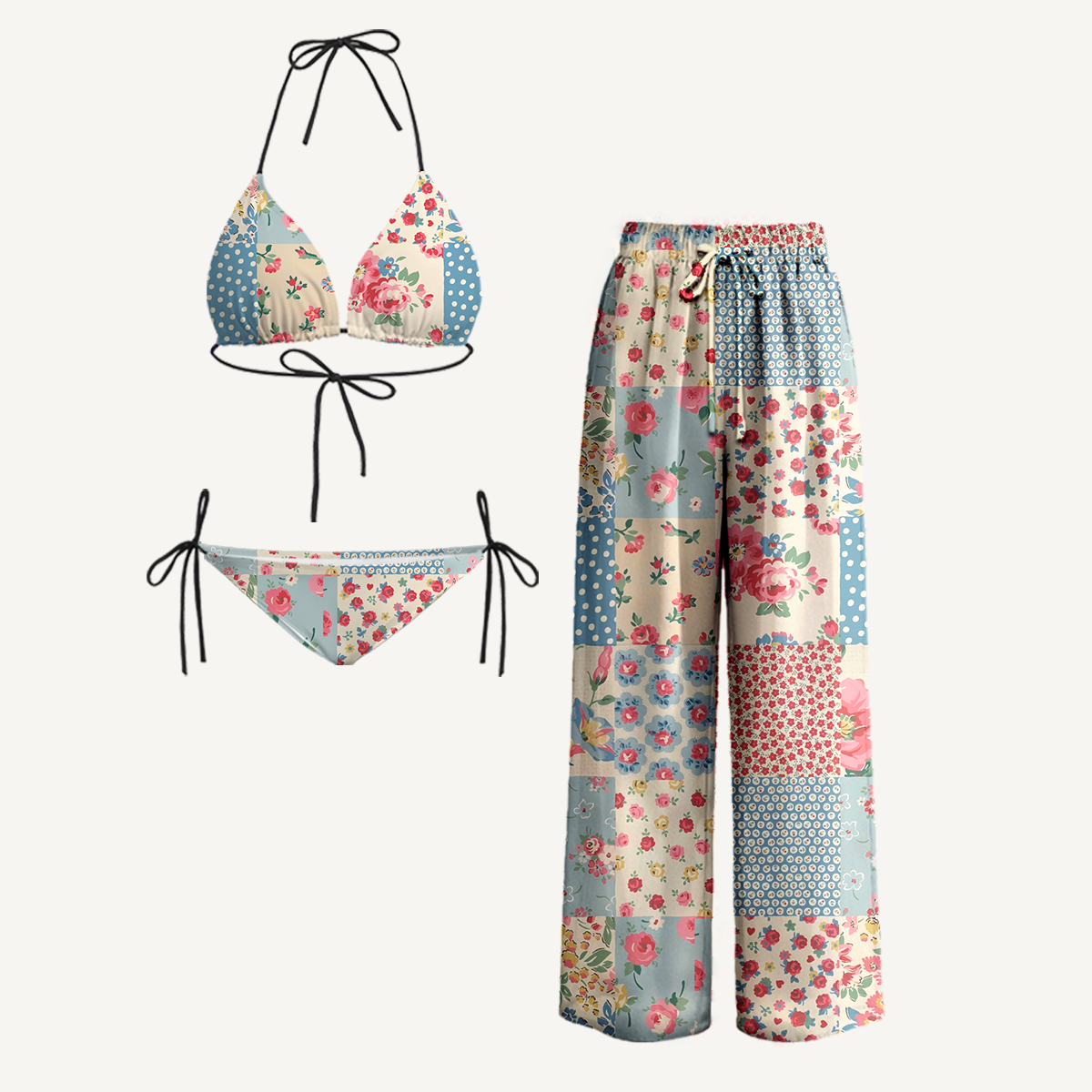 Pastel Patc Tie Side Bikini Set with Matching Pants