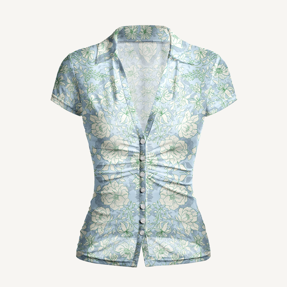 V-Neck Short Sleeve Mist Floral Print Mesh Top