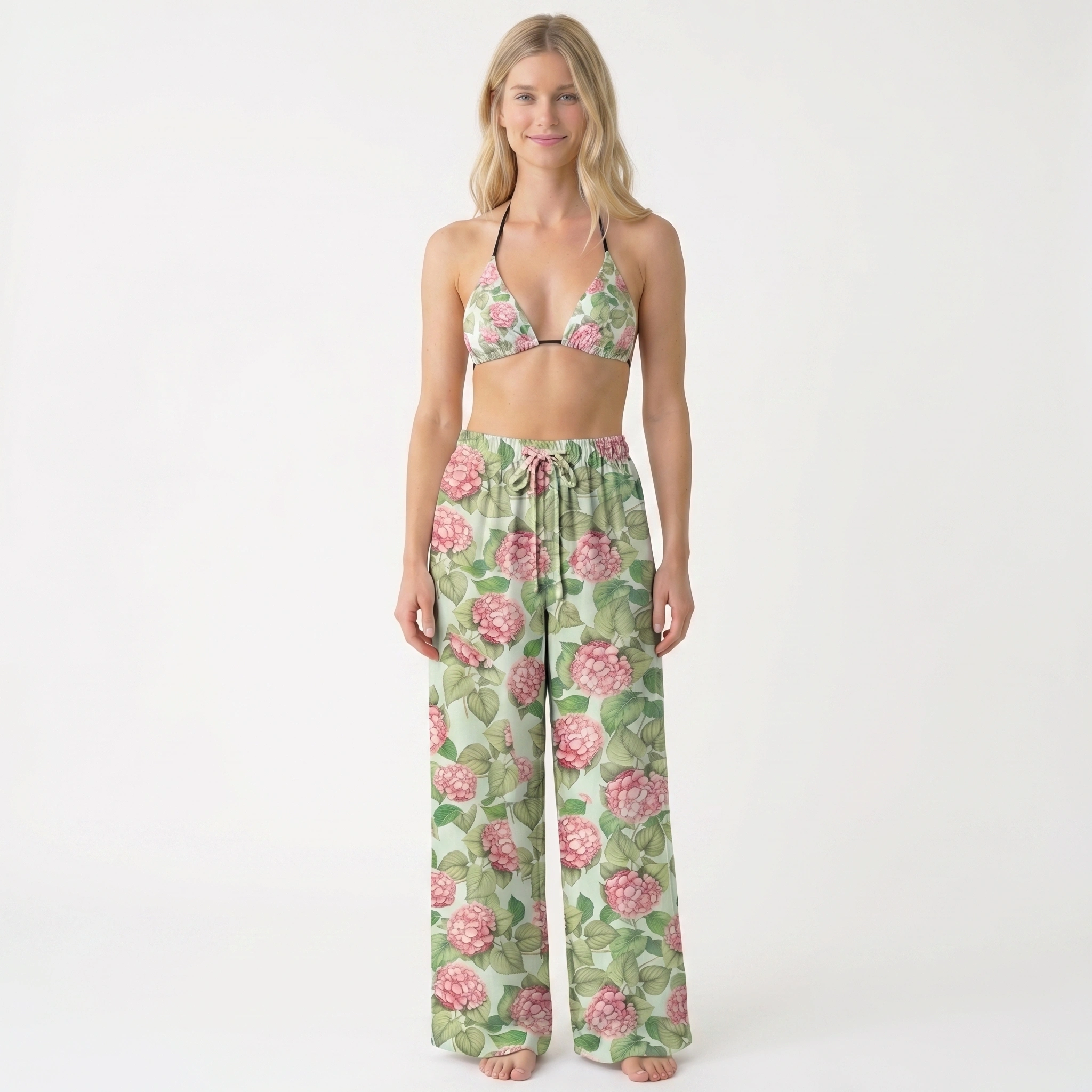 Hydrangea Whisper Tie Side Bikini Set with Matching Pants