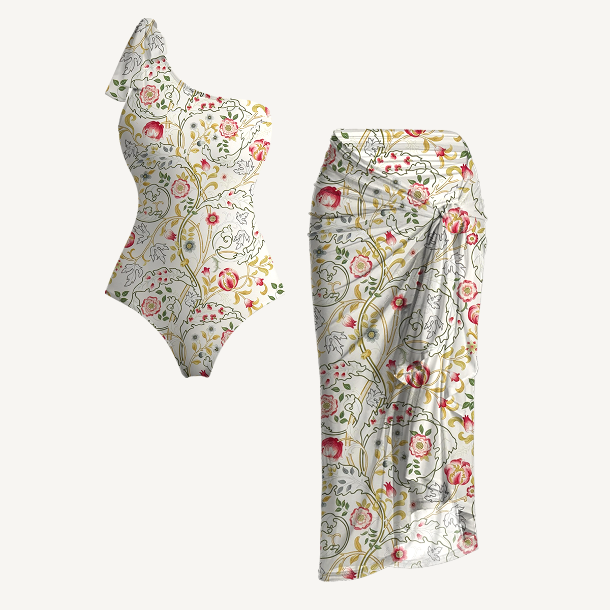 Peony Vine Garden One Shoulder One Piece Swimsuit and Matching Sarong Set for Women