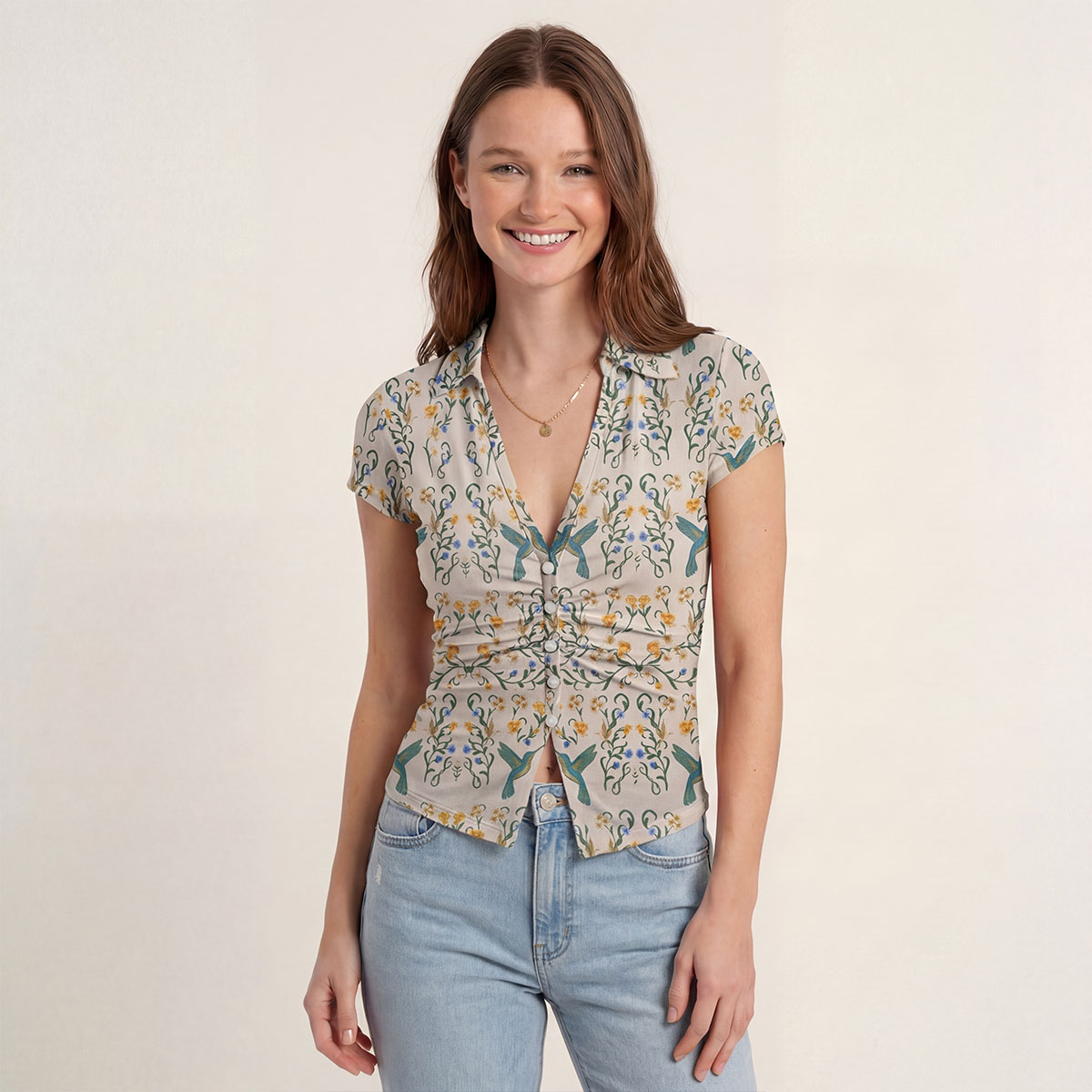 V-Neck Short Sleeve Whispering Hummingbird Print Mesh Top