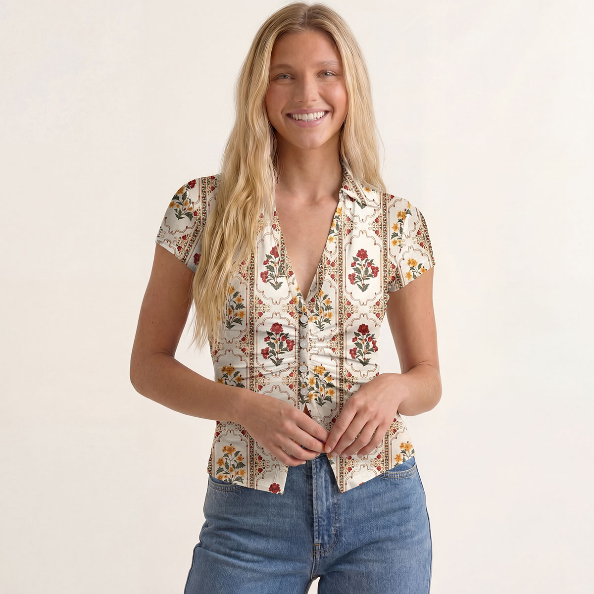 V-Neck Short Sleeve Velvet Carnation Print Mesh Top